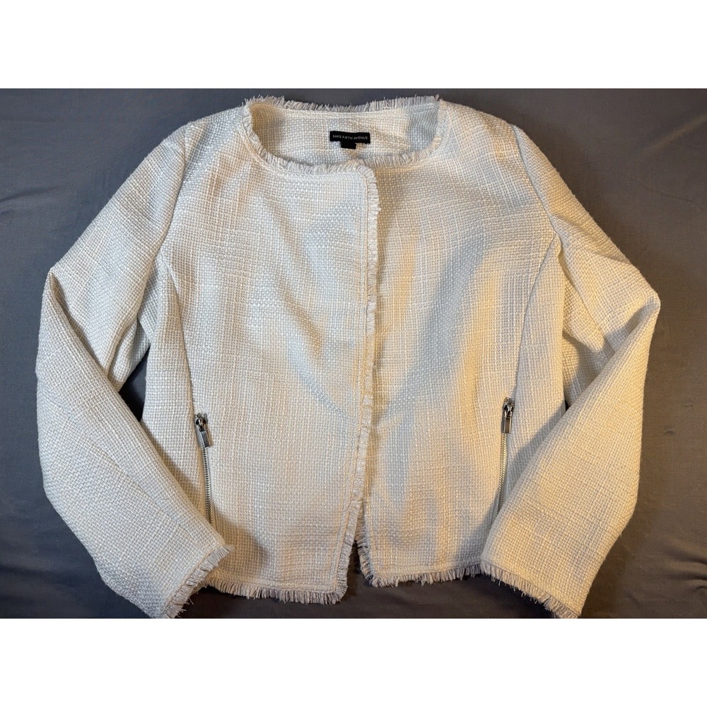 Saks Fifth Avenue Women's L Ivory Tweed Blazer Jacket Fringe Open Front